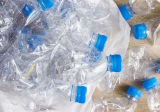 Hand inserting plastic bottle into recyckling box in home with green plants in the background